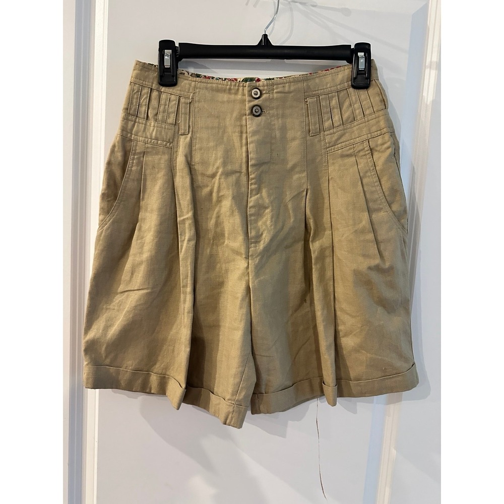 Vintage 1980's Shorts Ramie & Cotton Khaki High Waist SZ M